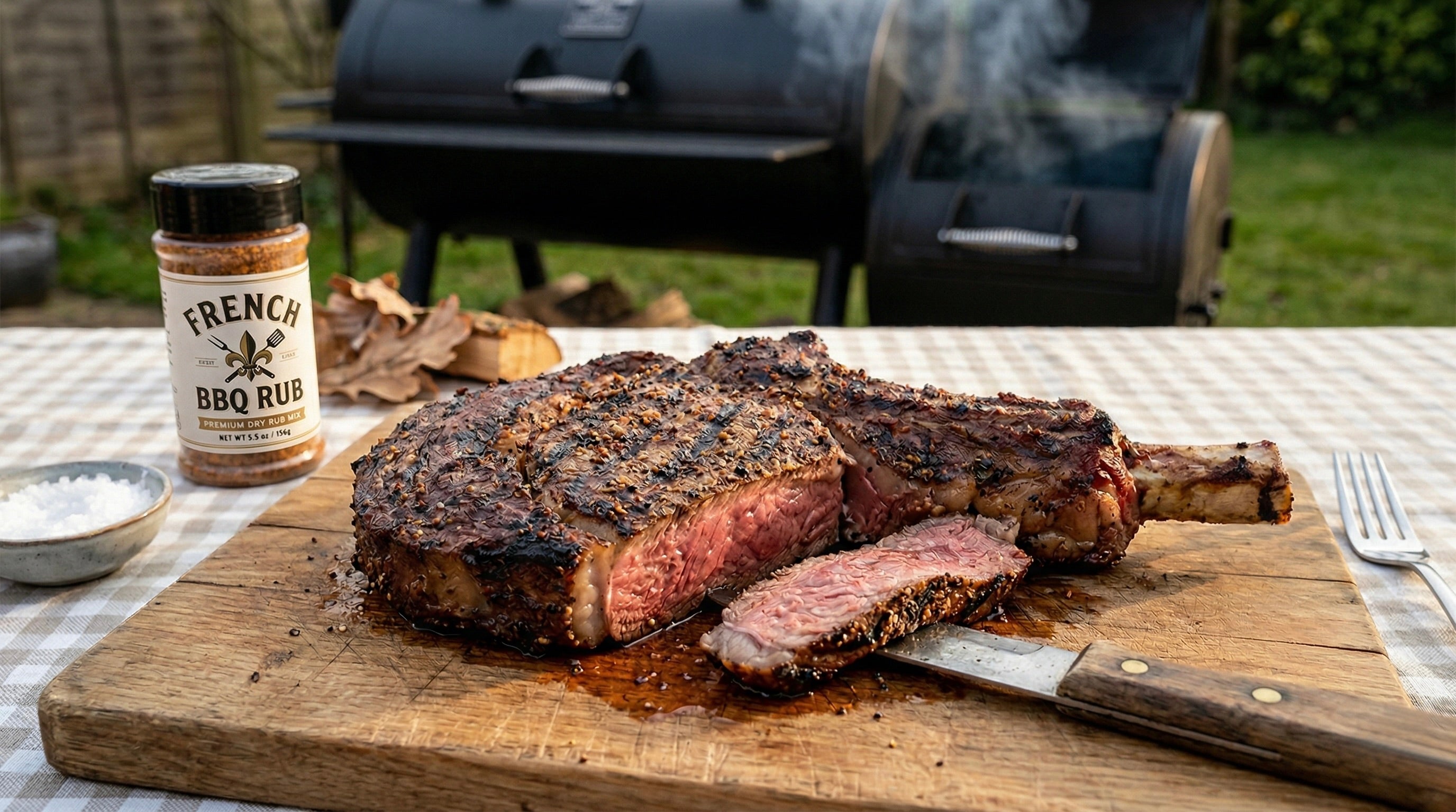Grilled ribeye steak on a wooden cutting board with BBQ rub and a smoker in the background.