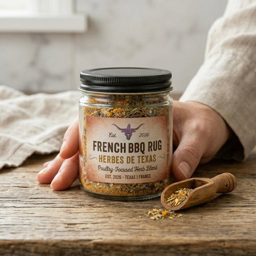 French BBQ Rub Poultry Focus Herb Blend jar — Austin, TX lavender BBQ seasoning